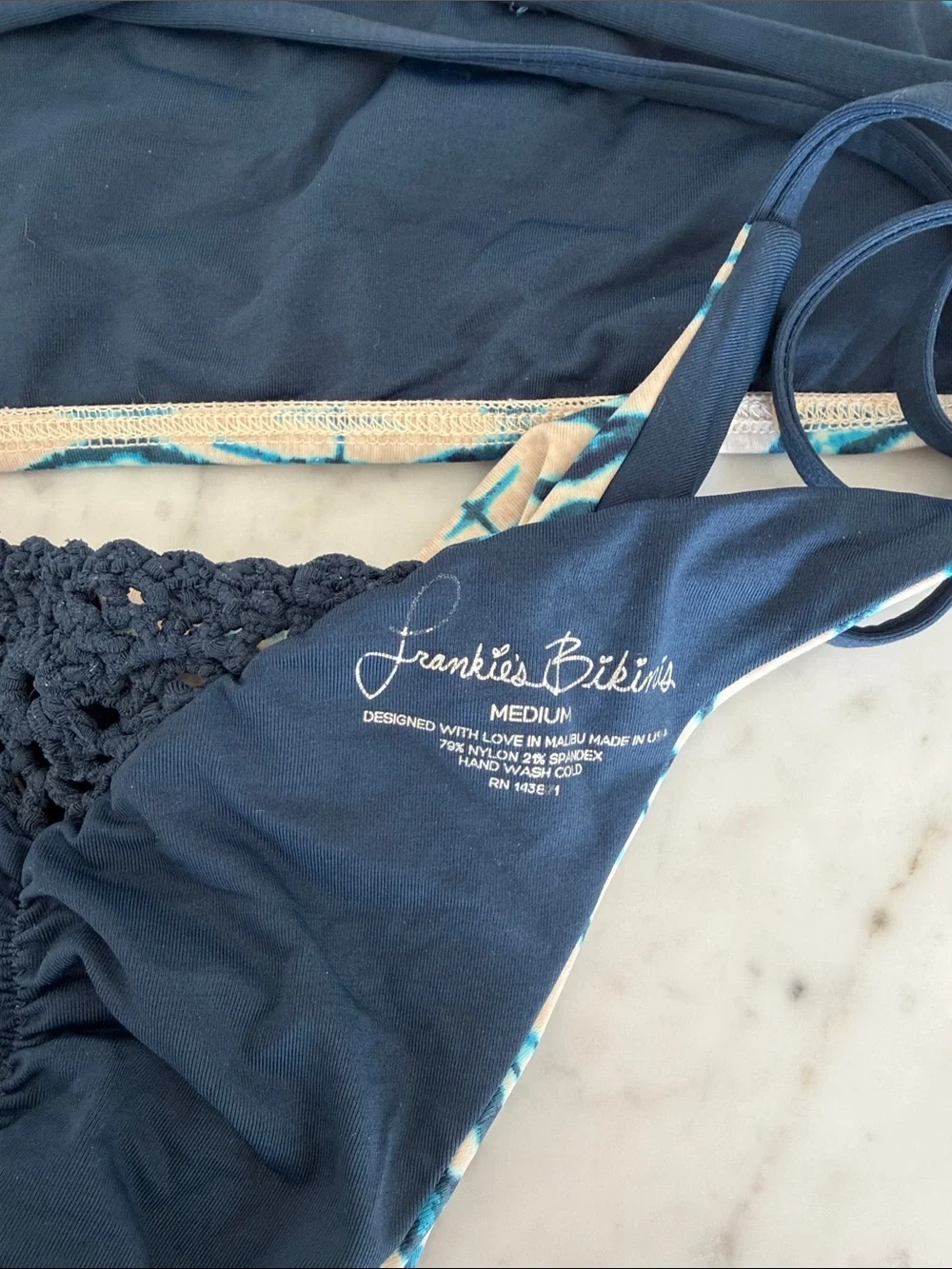 Frankie's Bikinis Navy and Cream Strappy Bikini - Small Top and Medium Bottom